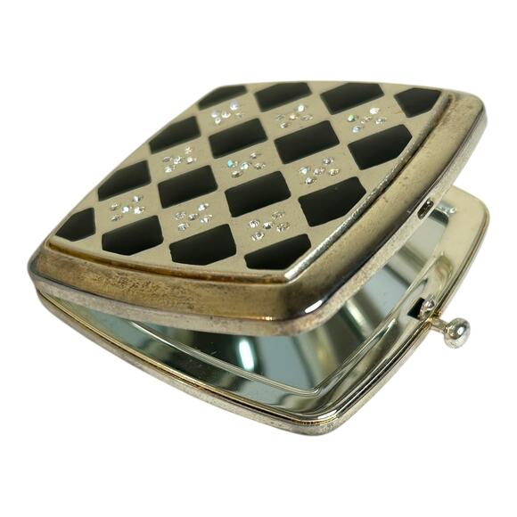 Black White Checkered Rhinestone Accents Two Sided Compact Mirror Pocket Mirror - Picture 3 of 5